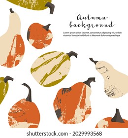 Pumpkin, squash, zucchini. Autumn vegetable background, veggie border. For fall decorative design, thanksgiving, halloween invitation, harvest flyer, textile. Vector flat cartoon illustration