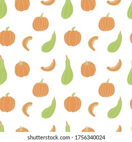 Calabaza, calabaza, calabaza, calabaza, médula. Diversas formas y colores. Perfecto para el diseño decorativo del otoño, la invitación al día de gracias y halloween, la cosecha. Ilustración plana vectorial, patrón transparente