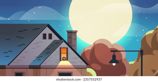 Calabaza de pie sobre una ventana luminosa. Cielo lunar del paisaje nocturno. Ilustración plana del vector