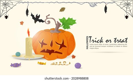 A pumpkin stands next to a burning candle, for the Halloween holiday, flat illustration