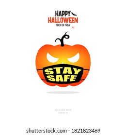 pumpkin with stay safe face mask concept vector illustration.