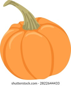Pumpkin with stem and curved ribbing, soft highlights, bold outline. Symbol of autumn, harvest, bounty, and seasonal produce for food, farm, and holiday themes. Cartoon vector illustration.