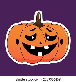 Pumpkin sticker. Pumpkin with a muzzle. A joyful, relaxed emotion. Vector illustration.
