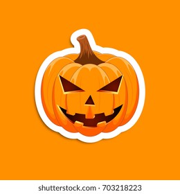 Pumpkin sticker on an orange background. The main symbol of the Happy Halloween holiday. Orange pumpkin with smile for your design for the holiday Halloween. Vector illustration.