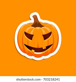 Pumpkin sticker on an orange background. The main symbol of the Happy Halloween holiday. Orange pumpkin with smile for your design for the holiday Halloween. Vector illustration.