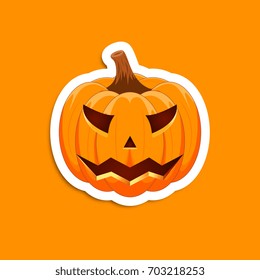 Pumpkin sticker on an orange background. The main symbol of the Happy Halloween holiday. Orange pumpkin with smile for your design for the holiday Halloween. Vector illustration.