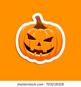Pumpkin sticker on an orange background. The main symbol of the Happy Halloween holiday. Orange pumpkin with smile for your design for the holiday Halloween. Vector illustration.