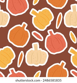 Pumpkin stickers seamless pattern. Cutouts paper shapes repeat background. Autumn harvesting endless design. Vector hand drawn flat illustration.