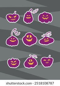 Pumpkin stickers set. Cute and scary Halloween pumpkin monster collection. Holidays cartoon character in flat style. Holydays magics elements on a grey background.