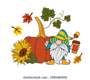 

Kürbis, Sonnenblume, Herbstblätter und Gnome mit einer Tasse Kürbisgewürzgetränk. Urlaubskarte. Vektorfalldesign.