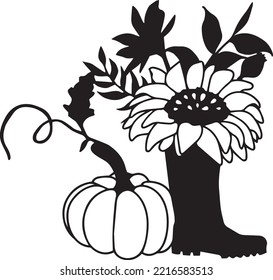 Pumpkin and sunflower in boot Vector, Clip Art, Black and White