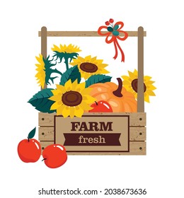 Pumpkin, sunflower bouquet, red apples in a wooden box with the inscription "farm fresh". Vector clipart, white background.