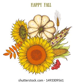 Pumpkin, sunflower, corn and fall leaves bouquet. Thanksgiving design template. Hello autumn illustration. Harvest festival. Hand drawn frame with fall leaves, pumpkin. Vector illustration