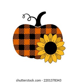 Pumpkin and sunflower. Cute Thanksgiving day design. Cute stylish pumpkin with buffalo plaid print and sunflower.