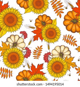 Pumpkin, sunflower and fall leaves seamless pattern. Hand drawn background. Colorful vector illustration. Cute design with fall leaves, sunflower and pumpkin. 