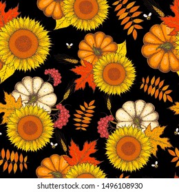 Pumpkin, sunflower and fall leaves seamless pattern. Hand drawn background. Colorful vector illustration. Cute design with fall leaves, sunflower and pumpkin.