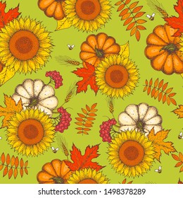 Pumpkin, sunflower and fall leaves seamless pattern. Hand drawn background. Colorful vector illustration. Cute design with fall leaves, sunflower and pumpkin. 