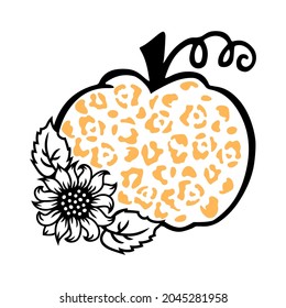 Pumpkin with sunflower and leopard print on white background. Vector illustration.