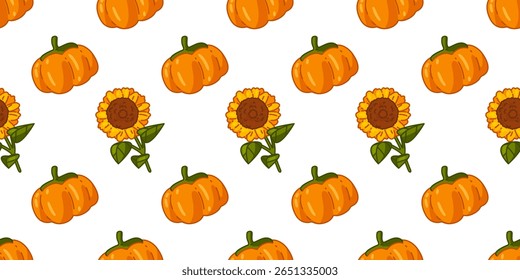 Pumpkin and Sunflower Seamless Pattern. Seamless pattern with orange pumpkins and bright sunflowers, perfect for fall harvest themes. Flat cartoon style with warm seasonal colors.