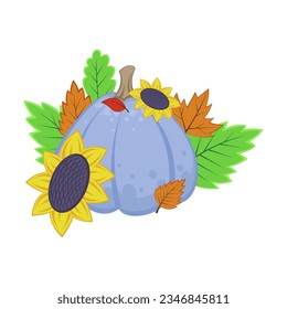 Pumpkin with sunflowers in foliage on white background. Autumn harvesting and seasonal vegetables cartoon illustration. Autumn of fall concept