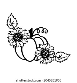 Pumpkin with sunflowers is on white background. Vector illustration.