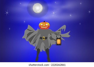 Pumpkin superhero for Halloween named RONG. Flies through the starry sky with a lantern.