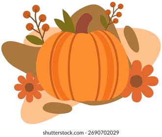 Calabaza rodeada de flores y hojas decoración de otoño