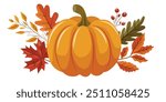 A pumpkin is surrounded by leaves and berries. The image has a fall theme