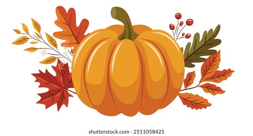 A pumpkin is surrounded by leaves and berries. The image has a fall theme