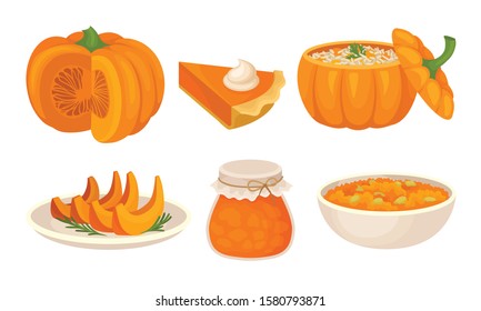 Pumpkin Sweet Dishes Vector Set. Homemade Autumn Desserts Collection