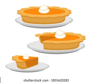Pumpkin or sweet potato pie, whole and slice. Traditional American Thanksgiving dessert. Illustration vector flat cartoon of food on happy Thanksgiving menu on dinner table as feast concept. 