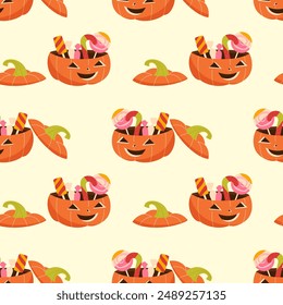 pumpkin with sweets background. Treats and pumpkin seamless pattern on light background