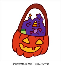A pumpkin with sweets, candies, caramel, chocolate, corn candies. Halloween spooky object.