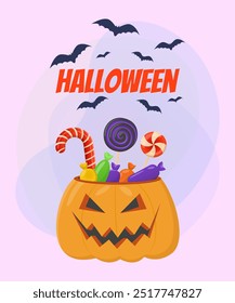 Pumpkin with sweets for Halloween banner design. Flying bats on abstract background. Celebration, holiday, party concept. Vector illustration for invitation or poster