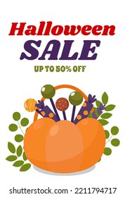  Pumpkin with sweets on a white background in a cartoon style. Halloween sale banner.