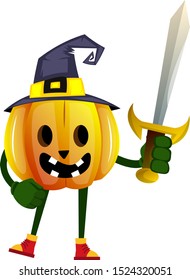 Pumpkin with sword, illustration, vector on white background.