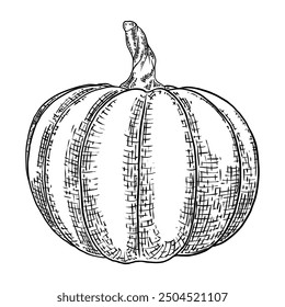 Pumpkin, symbol of harvest and Thanksgiving Day season. Pumpkin or gourd for basket decoration. Holiday Autumn festive drawing. Hand drawing sketch for celebration of fall. Vector.