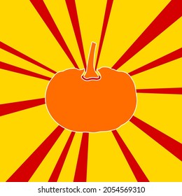 Pumpkin symbol on a background of red flash explosion radial lines. The large orange symbol is located in the center of the sun, symbolizing the sunrise. Vector illustration on yellow background