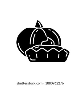 Pumpkin tartlet black glyph icon. Delicious gourd tart, sweet pie silhouette symbol on white space. Seasonal bakery menu. Homemade baking. Halloween, thanksgiving dessert. Vector isolated illustration