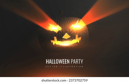 Pumpkin in technological cyber style - concept for Halloween. Neon futuristic banner for special sales. Bright vector 3D illustration