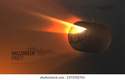 Pumpkin in technological cyber style - concept for Halloween. Neon futuristic banner for special sales. Bright vector 3D illustration