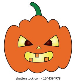 Pumpkin with teeth. Angry expression. Color vector illustration. Isolated white background. Cartoon style. Halloween symbol. Toothy grimace. Jack-o-lantern. Glowing from within. Idea for web design. 