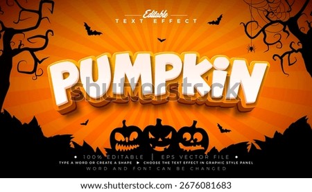 Pumpkin Text Effect Illustration Editable Graphic Style with Orange and White Typography Lettering on Scary Cemetery Halloween Background. Scalable Vector Autumn Holiday Design Template for Greeting