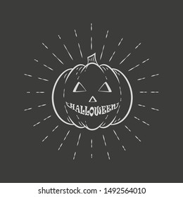 Pumpkin with text halloween and rays. Halloween black and white illustration