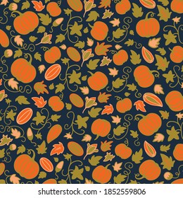 Pumpkin thanksgiving pattern. Vector hand drawn illustrations in doodle style. Great for seasonal textile prints, holiday banners, backdrops or wallpapers.