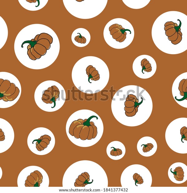 Pumpkin Theater pumpkins in white circles\
seamless vector repeat surface pattern\
design