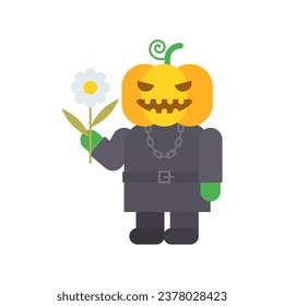 Pumpkin three quarters holding flower and smiles. Vector Illustration