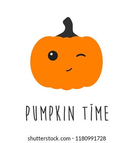 Pumpkin time cute winking character with text. 