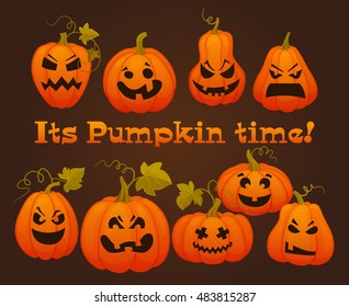 Its pumpkin time. Set pumpkins with horror faces for Halloween.Cartoon flat style vector illustration