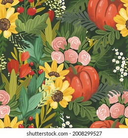 Pumpkin, tomatoes, sunflowers, roses and green foliage. Seamless vector pattern with garden theme hand drawn illustration